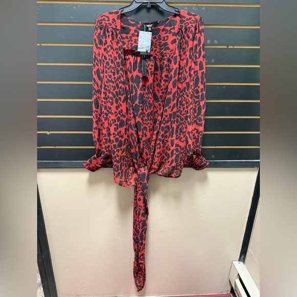 Buffalo David Bitton Red and Black Animal Print wrap Blouse - Picture 1 of 4